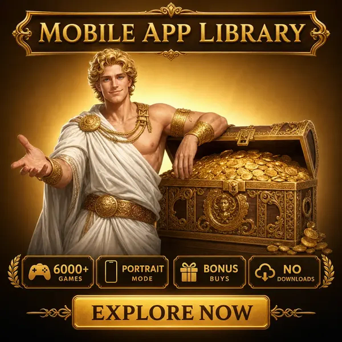 Skrzynia skarbów przepełniona złotymi monetami, gdy gracz eksploruje bibliotekę aplikacji mobilnej Savaspin